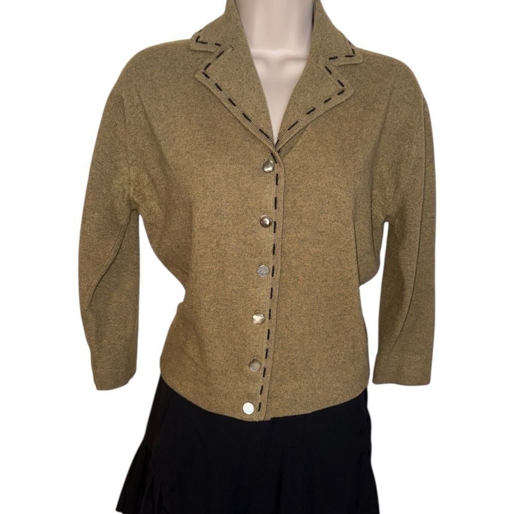 Dalton 100% Cashmere Knit Black Collar Tan Button-Up Cardigan Sweater Soft